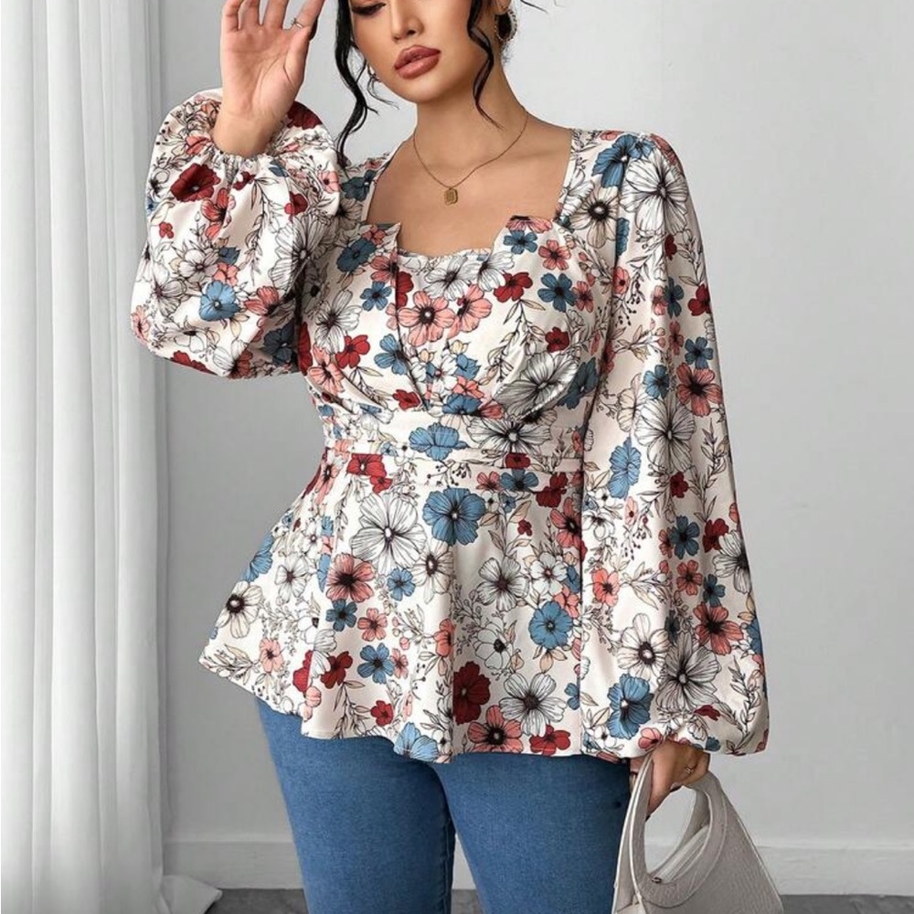 Plus Size Floral Print Square Collar Elegant Long Sleeve Top Shirt Blouse